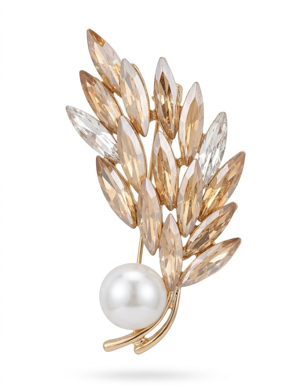 Gold tone Crystal Leaf Brooch with Pearl Accent